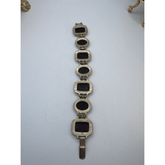 LIZ CLAIBORNE Signed LS Purple Glass Cabochons Two Gold Tone Wide Bracelet VTG - Picture 10 of 13